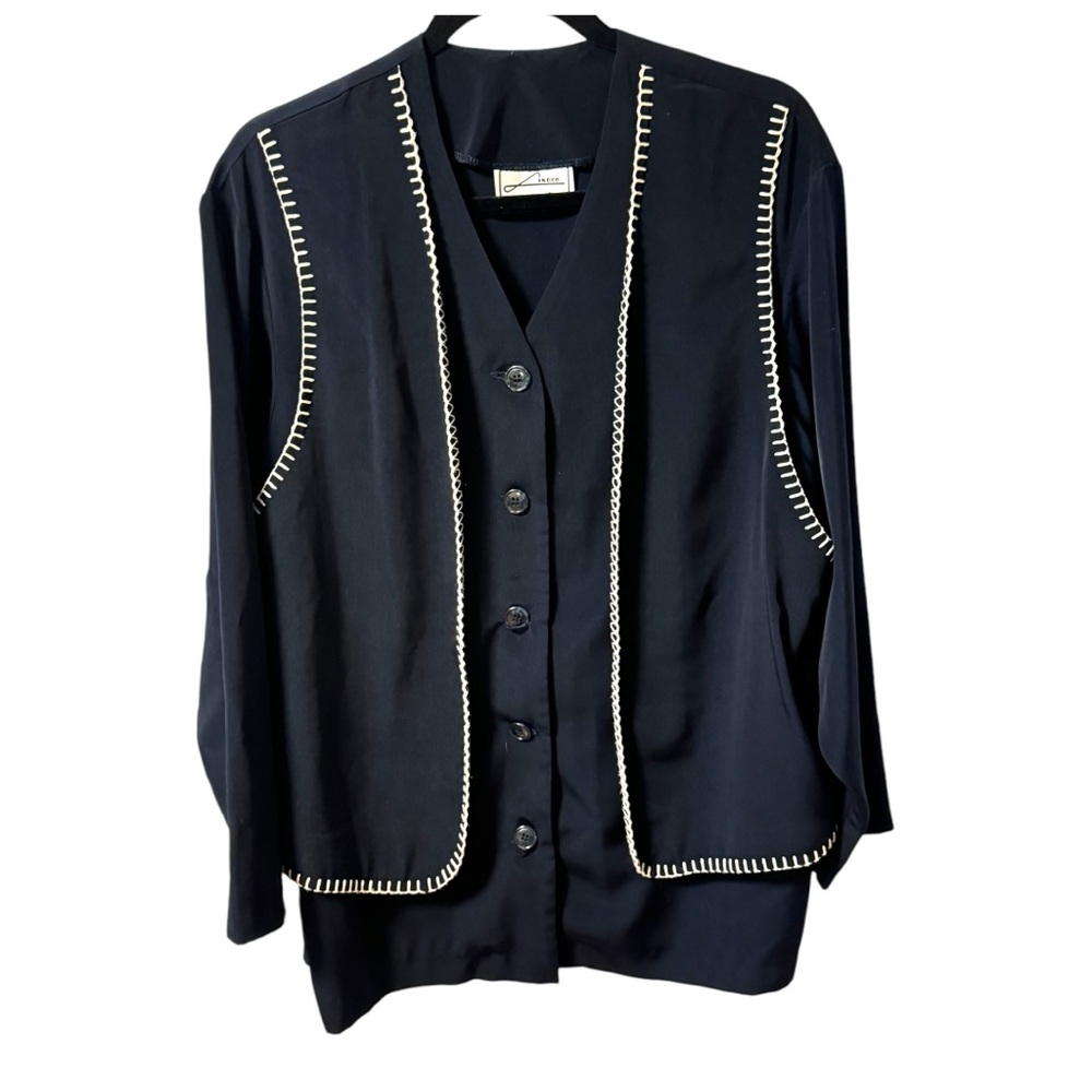 Lindor Vintage Button Up Long Sleeve Shirt with Vest Womens  XL Navy Blue White